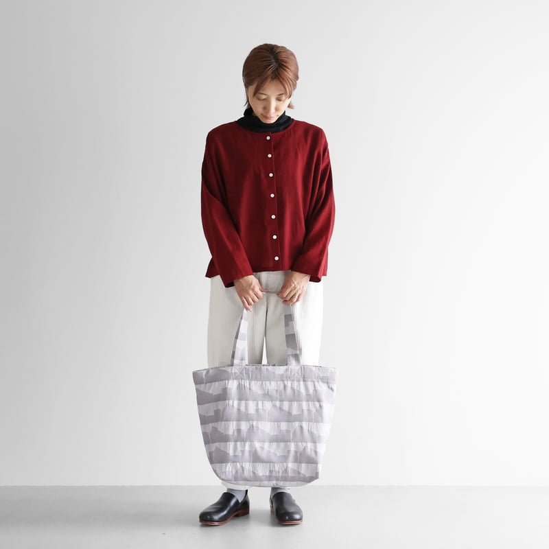 先染め朱子織シャトルジャガードビッグトートバッグ（ライトグレー