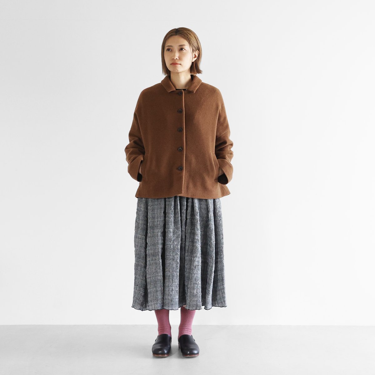 HUIS×尾州”縮絨ウールフランネルワイドショートコート（ブラウン