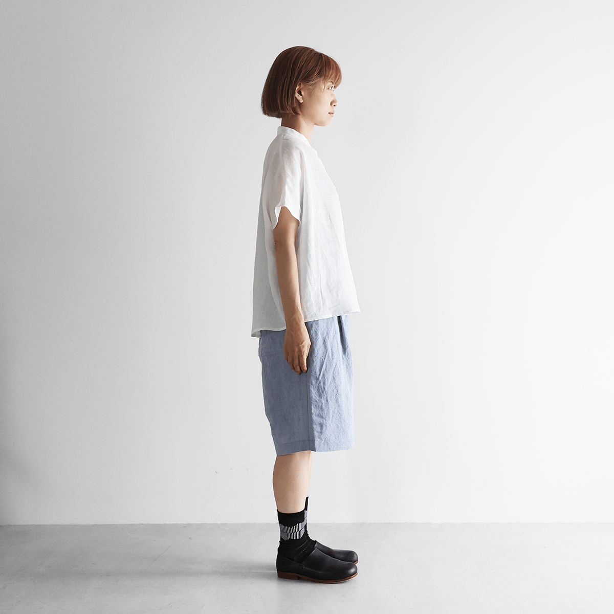 バンブーリネンワイドハーフパンツ（ライトブルー）【ユニセックス
