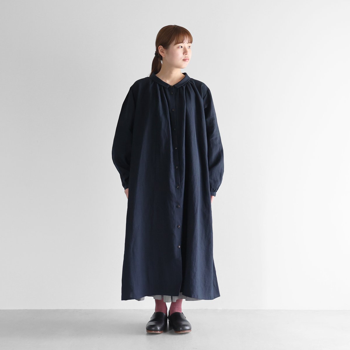 オールドレピアリネン前開きロングワンピース（ダークネイビー