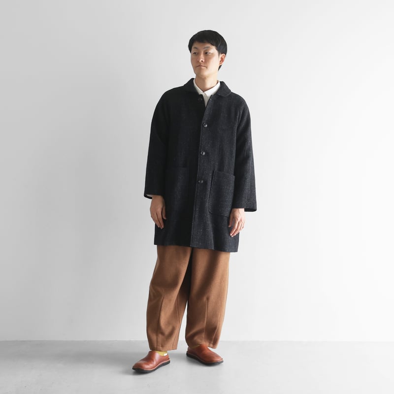 HUIS×尾州”縮絨リネンウールミドルコート （ブラック）【ユニセックス