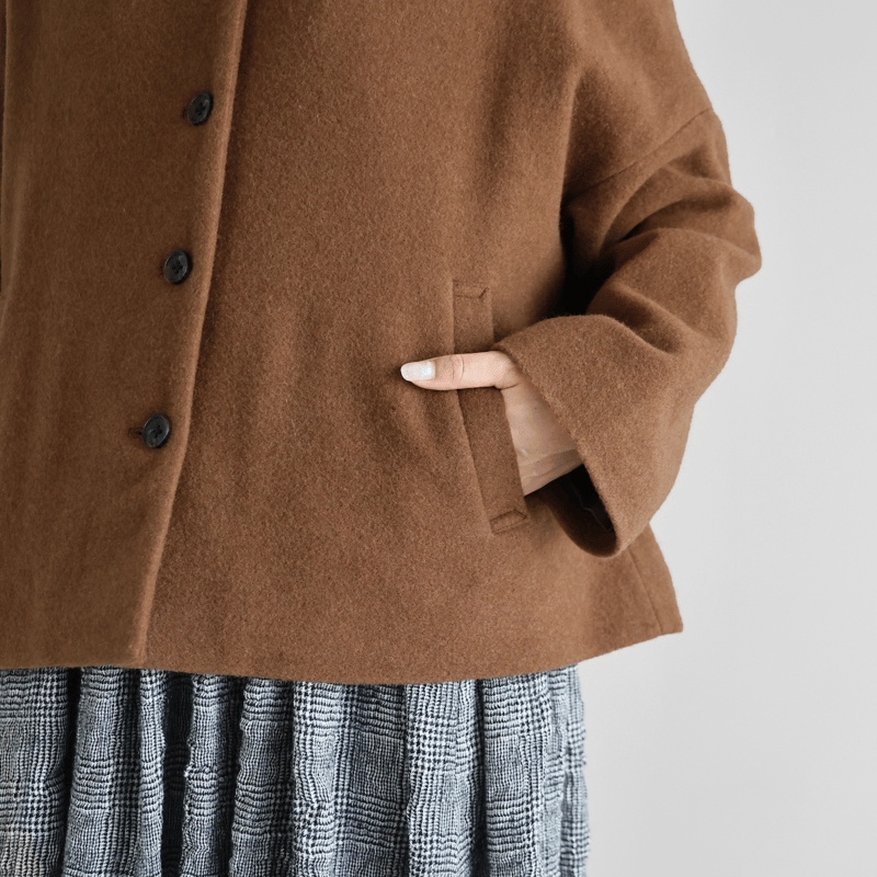 HUIS×尾州”縮絨ウールフランネルワイドショートコート（ブラウン