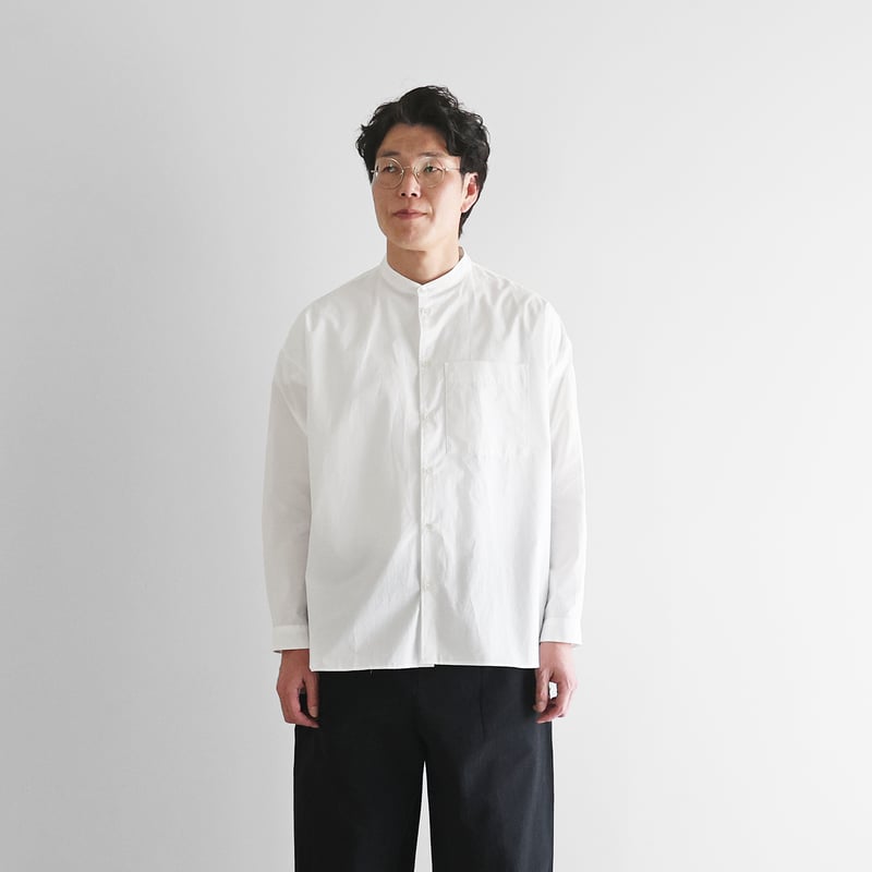 オーガニックコットンバンドカラーオーバーシャツL（白）【ユニ 