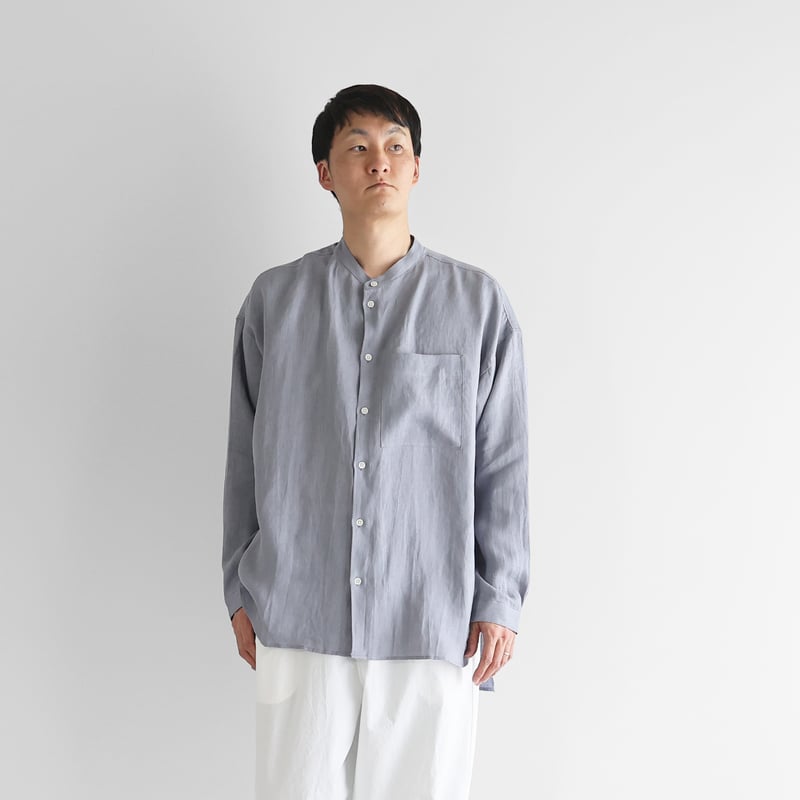 シャトルリネンバンドカラーオーバーシャツL（スチールグレー）【ユニ