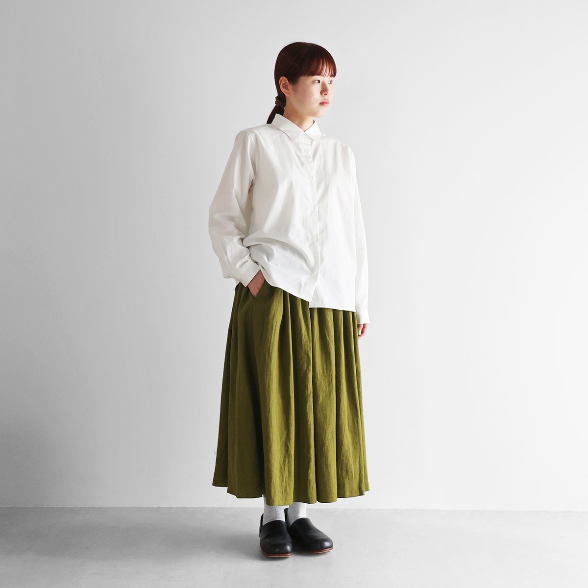 ★HUIS★遠州織物　やわらかラミーリネンスカートパンツ（萌黄色） やわらかラミーリネンロングスカート（萌黄色）【レディス】U402