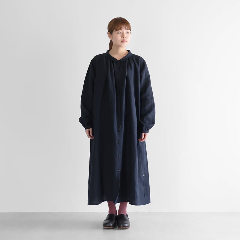 オールドレピアリネン前開きロングワンピース（ダークネイビー