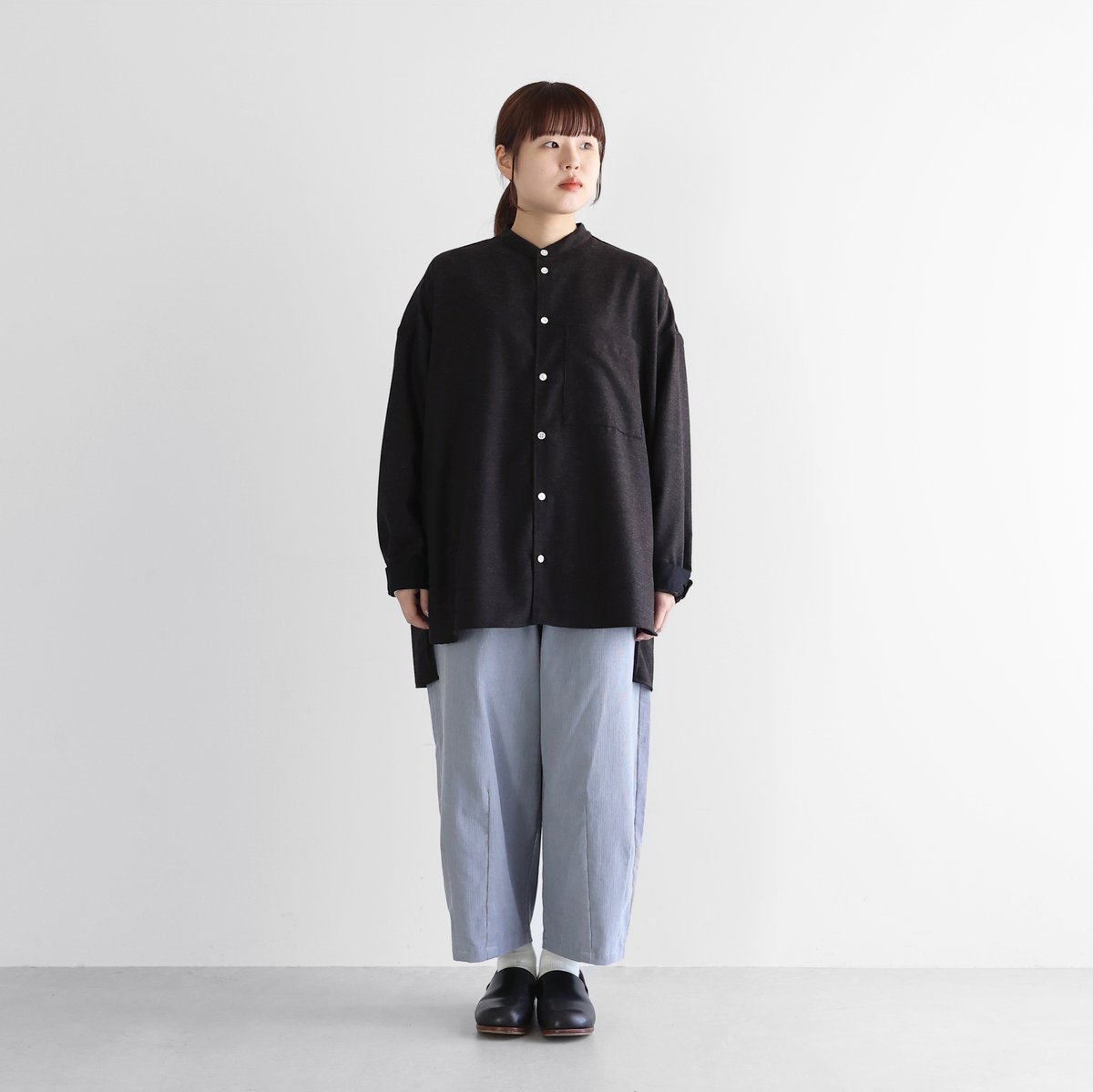 HUIS 遠州織物 ノーカラーシャツジャケット （オレガノ）【ユニ