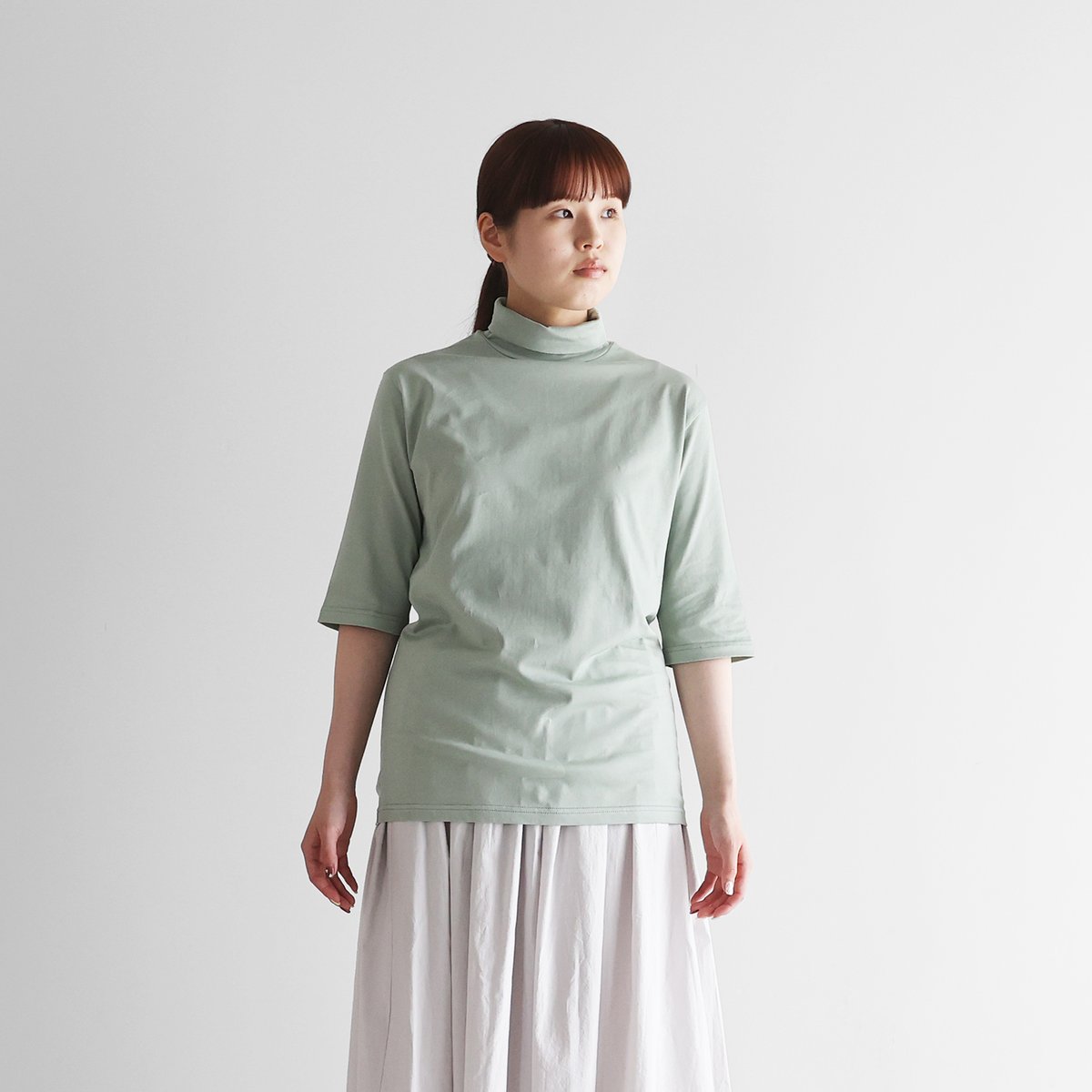 HUIS in house］SUVIN COTTON5分袖タートルネックカットソー（ジェラー
