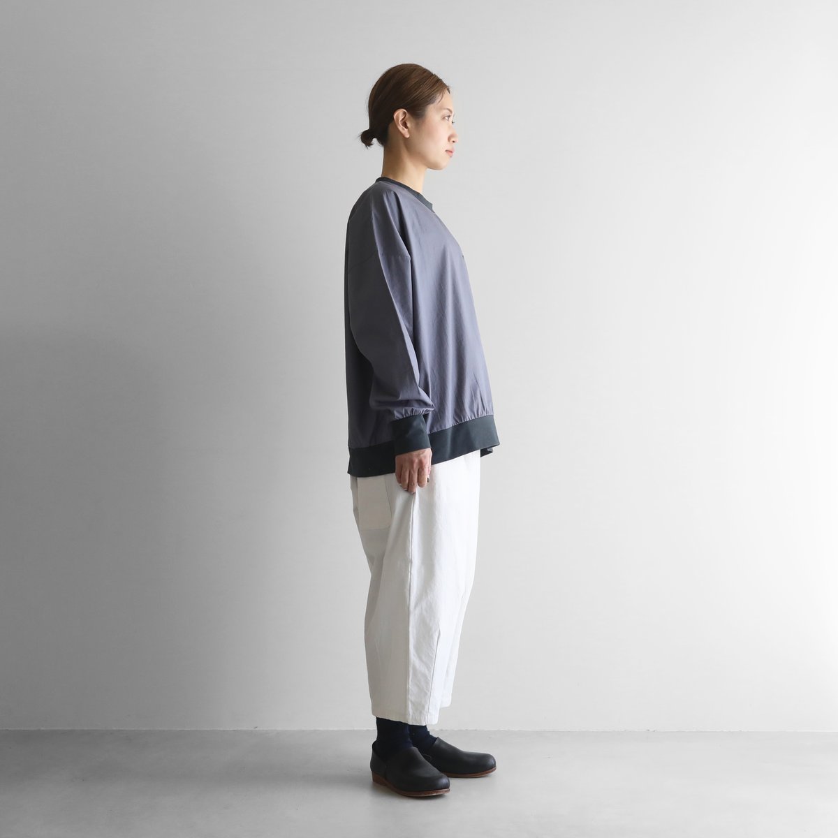 ギザコットンブロード長袖リブプルオーバー（グレー）【ユニ