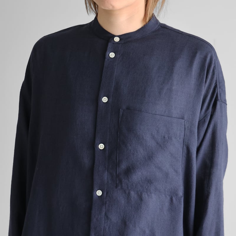 ウォッシャブルウールバンドカラーオーバーシャツ（ネイビー）【ユニ