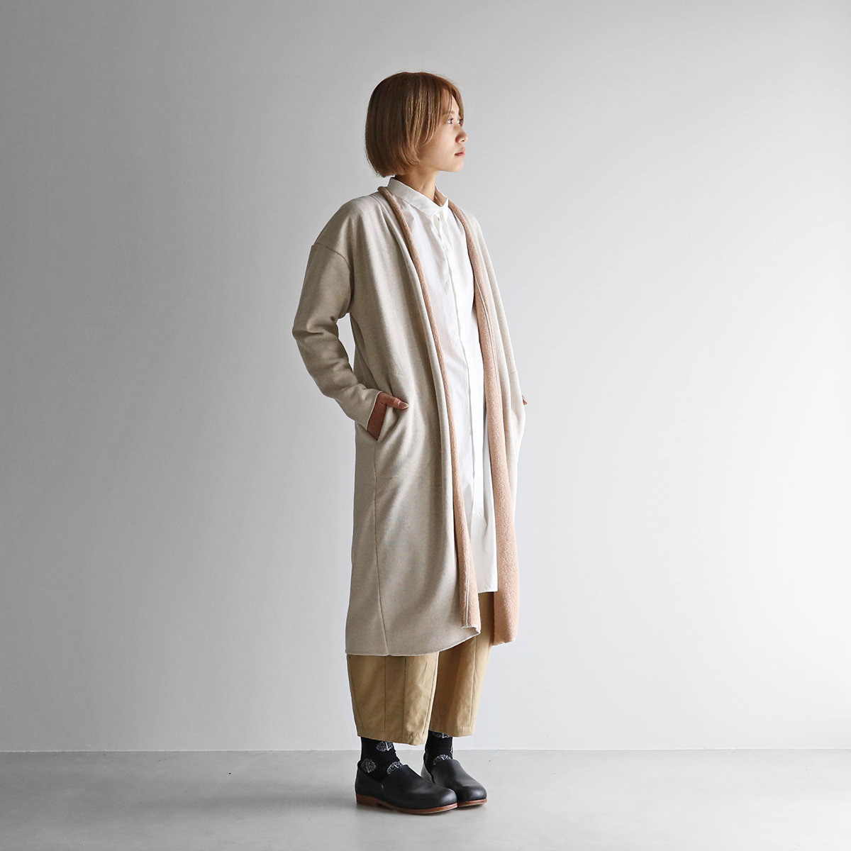 【美品】コットンハウスアヤ〈日本製〉立体織り柄フーデットワイドロングコートF緑茶 美品】コットンハウスアヤ〈日本製〉立体織り柄フーデットワイド