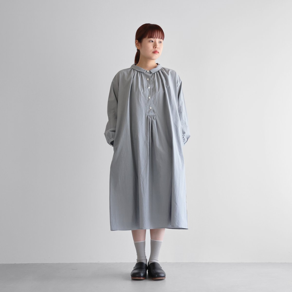 綿ウールタイプライタークロスワンピース（ブルーグレー）【レディス