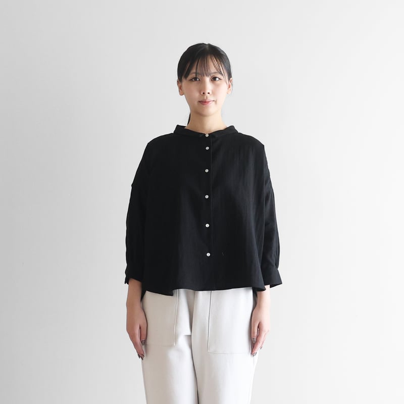 8分袖シャトルダブルガーゼワイドブラウス（ブラック）【レディス