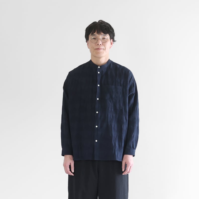 柄二重織シャトルジャガードバンドカラーオーバーシャツL（ダーク