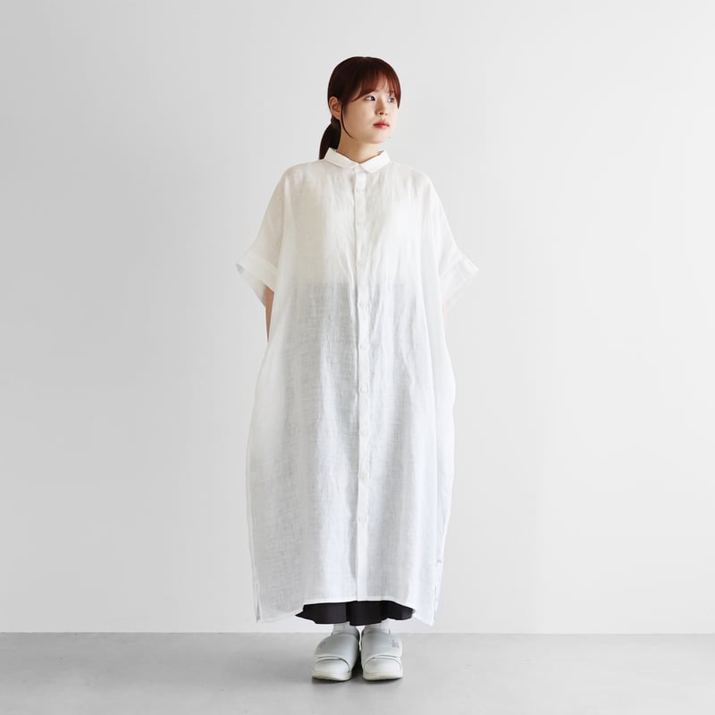 シャトルリネンライトショートスリーブロングシャツ（白）【ユニ