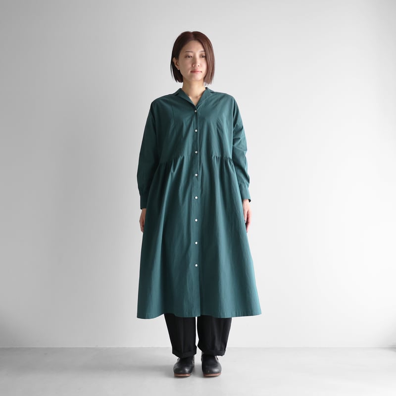 HUIS. 遠州織物 コードレーンワンピース シャツワンピ 長袖 Free コードレーンオープンカラーワンピース（ダークグリーン