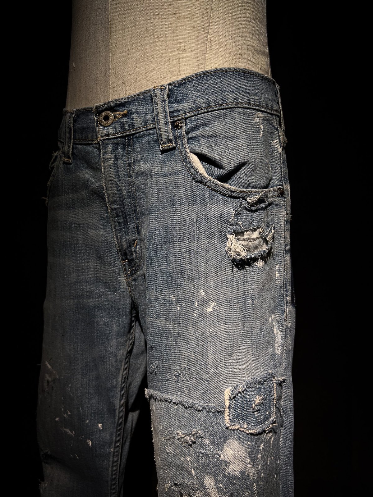 Vintage Damage Repair Light Wash Denim Pants | 