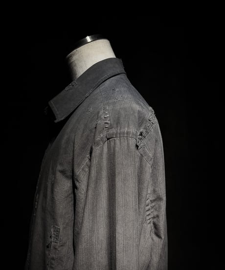 [Dye] Vintage damage Old black stripe shirt