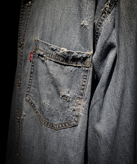 Faded Distressed Work Denim Shirt