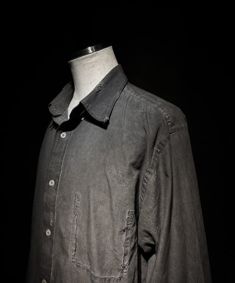 [Dye] Vintage damage Old black stripe shirt