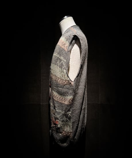 Vintage damage&patchwork jacquard knit vest