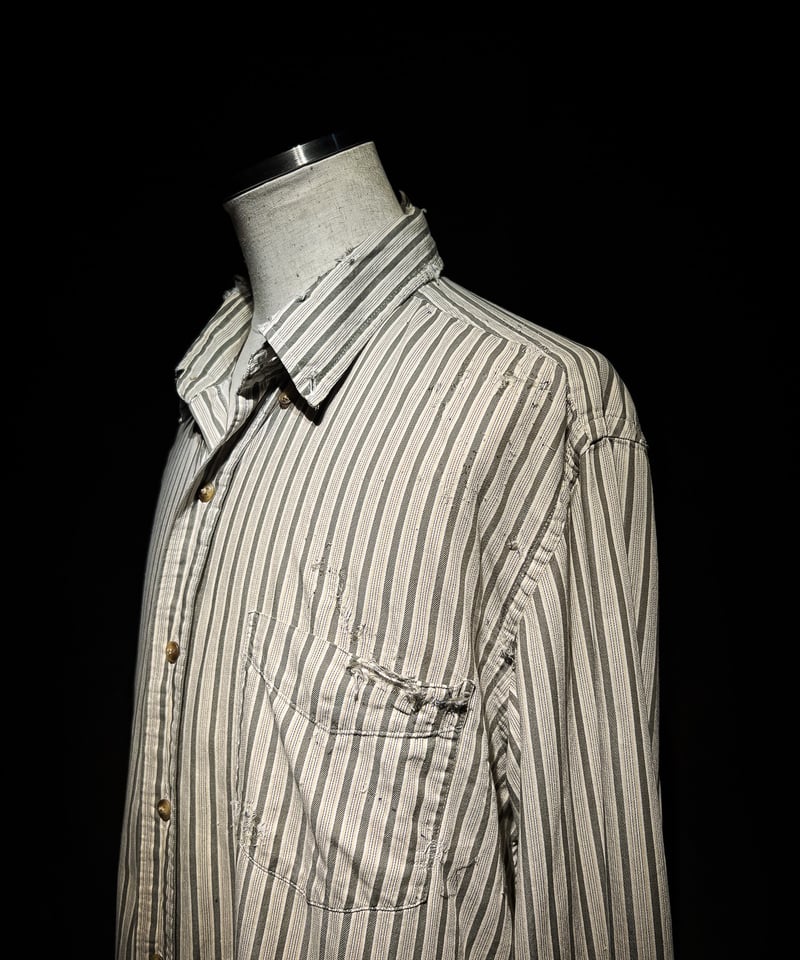 mashiki　RESURRECTION　ダメージ加工シャツ　一点物 Vintage damage Stripe Work Shirt | RESURRECTION
