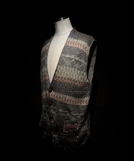 Vintage damage&patchwork jacquard knit vest