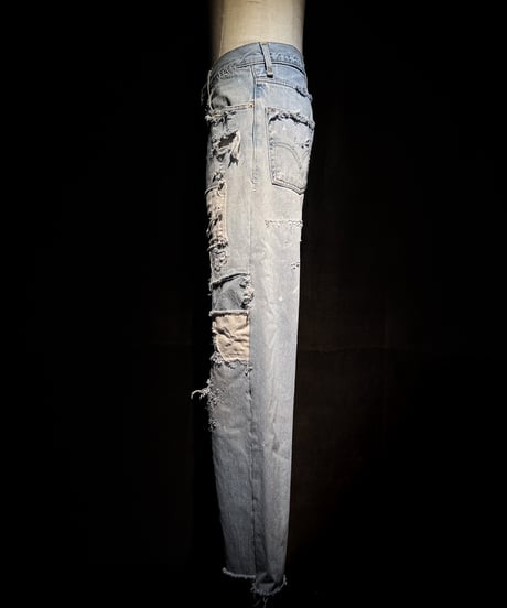 Vintage hard repair damage denim pants