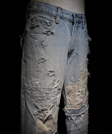 Vintage hard repair damage denim pants