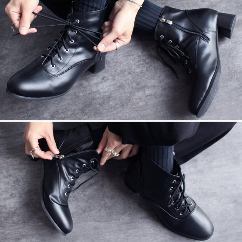 albino select】 チャンキーヒール型スムースフェイクレザー編み上げ