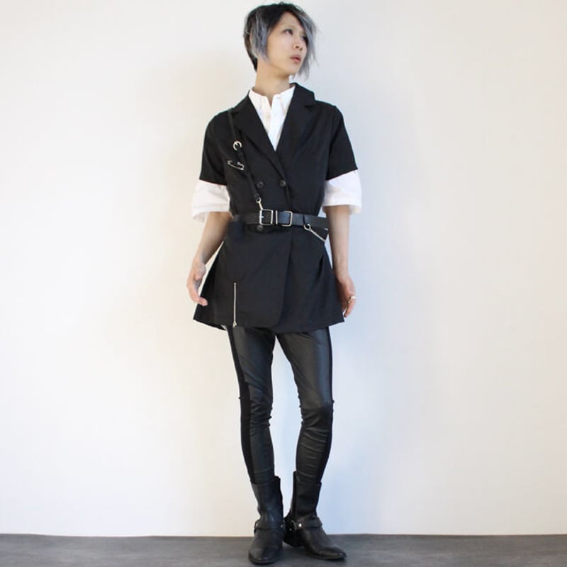 albino select】 肩紐×チェーン×ベルト付きロングジャケット