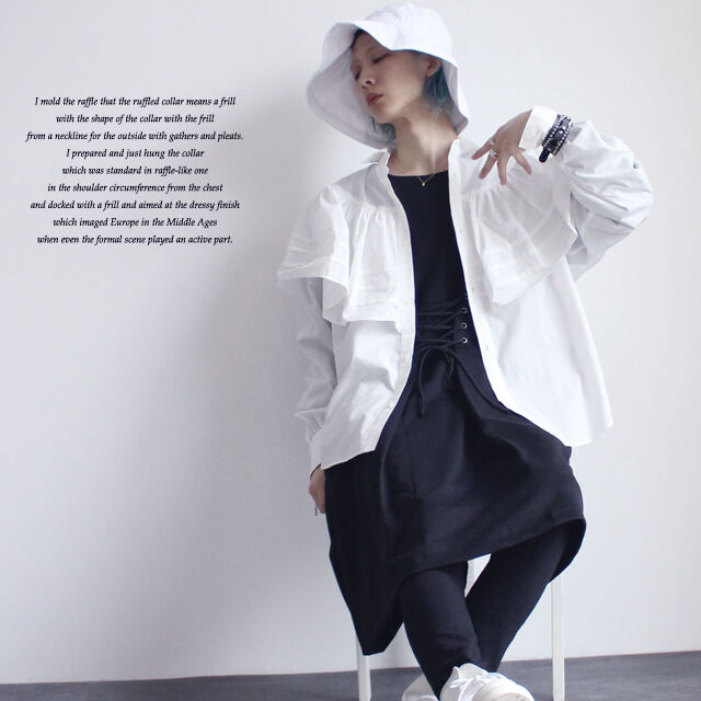 【 】ノッチ襟 プリーツのフリルヘム シャツドレス albino】 ラッフルカラー風プリーツフリル付きドレスシャツ | albino
