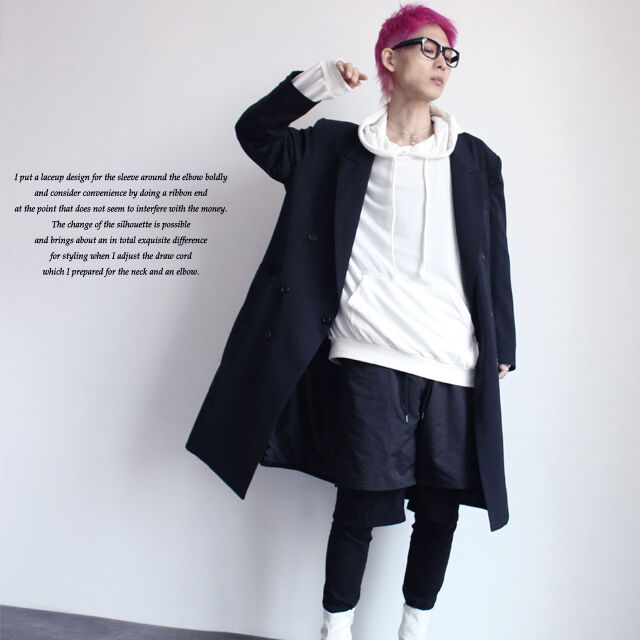 albino】 肘レースアップ付きフェイクレイヤードビッグパーカー