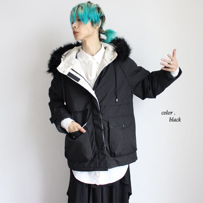 albino select】 モッズ風フェイクファー付き中綿ショートコート | albino