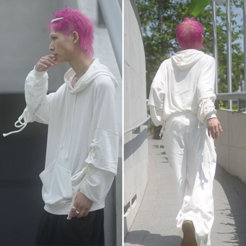 albino】 肘レースアップ付きフェイクレイヤードビッグパーカー