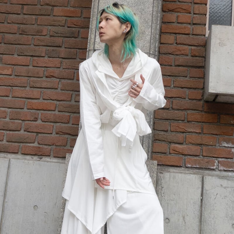 albino】 肩掛け付きコート風ノーカラーワンピースシャツ | albino