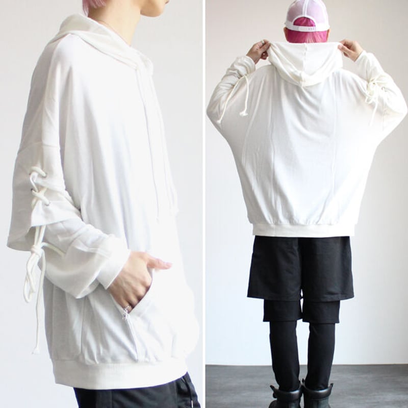 albino】 肘レースアップ付きフェイクレイヤードビッグパーカー | albino