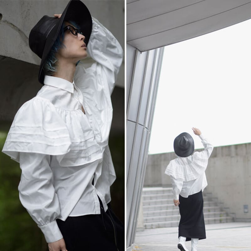 albino】 ラッフルカラー風プリーツフリル付きドレスシャツ | albino