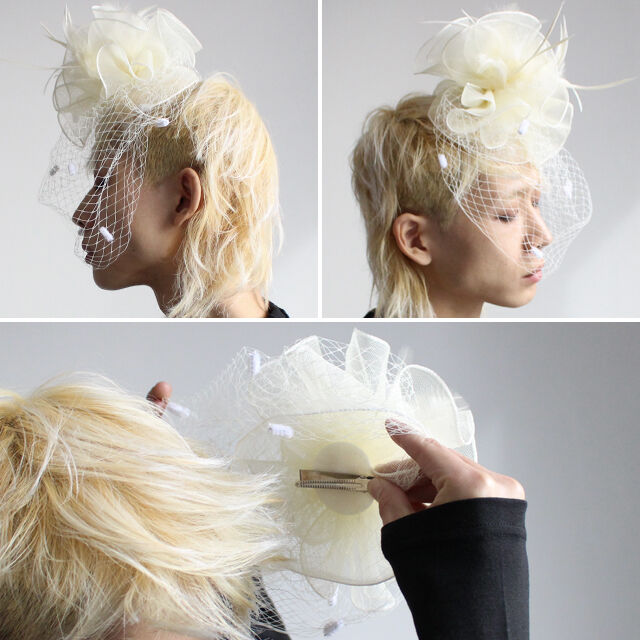 albino select】 ベール×コサージュ×フェザー付きカクテルハット