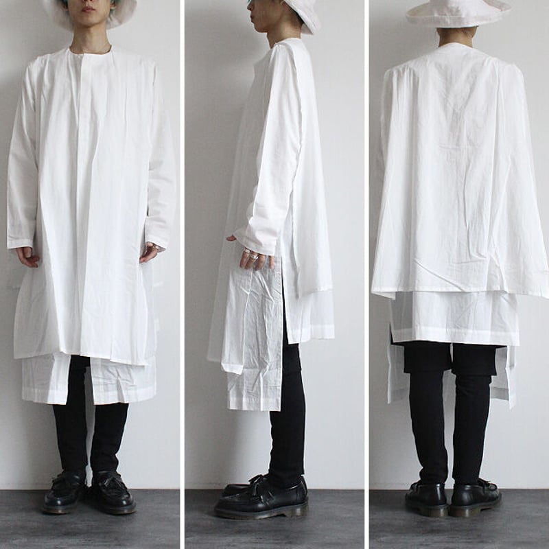 albino】 肩掛け付きコート風ノーカラーワンピースシャツ | albino