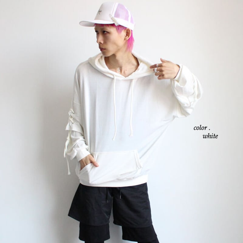 albino】 肘レースアップ付きフェイクレイヤードビッグパーカー