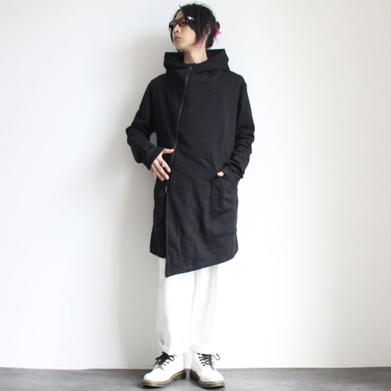 ジェンダーレス　albino フード付き ブラック モッズコート モッズ風フェイクファー付き中綿ショートコート | メンズ