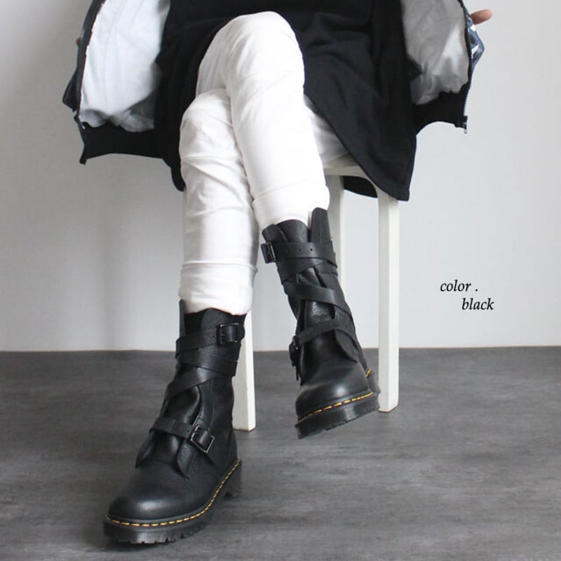 Dr.Martens】 バックルストラップ巻きシボレザーコンバットブーツ | albino