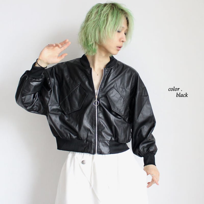 albino select】 MA-1風フェイクレザーシングルライダースジャケット