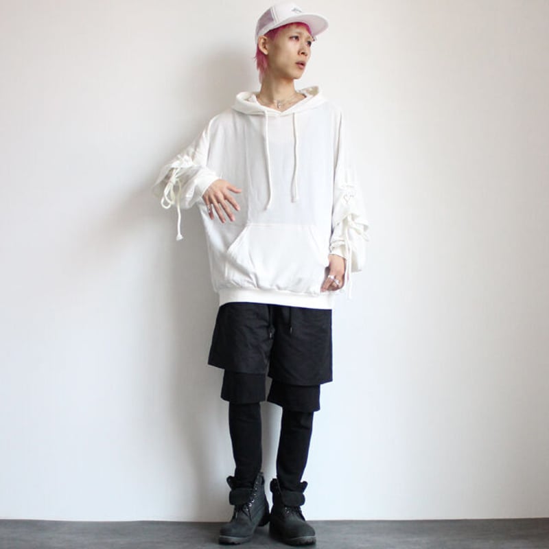 albino】 肘レースアップ付きフェイクレイヤードビッグパーカー