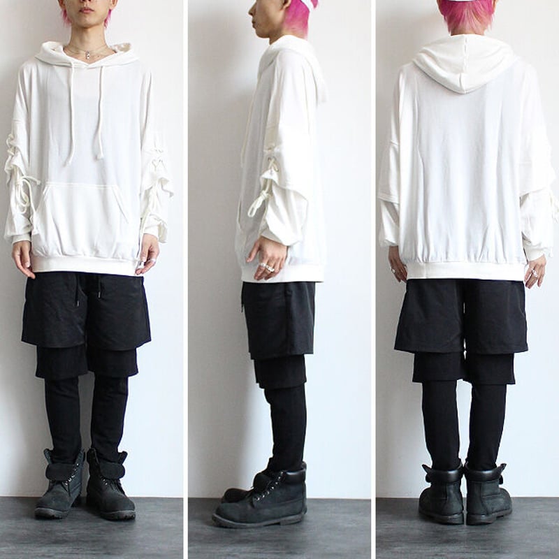 albino】 肘レースアップ付きフェイクレイヤードビッグパーカー