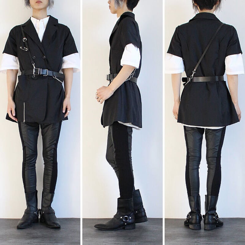 albino select】 肩紐×チェーン×ベルト付きロングジャケット