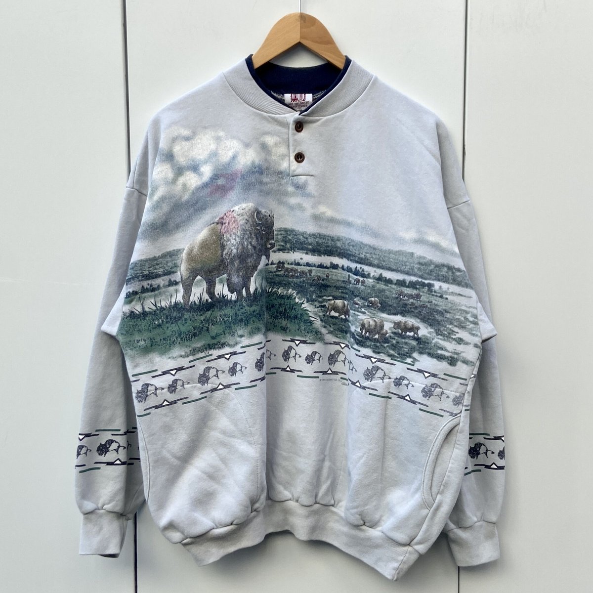 90s Art Unlimited アートアンリミテッド スウェットカーディガン 古着 90s USA製 Art Unlimited 灯台 マルチ アート 総柄 Wネック