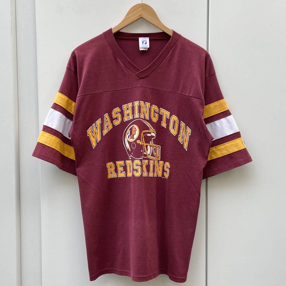 90年代 LOGO7 NFL WASHINGTON REDSKINS ワシントンレッドスキンズ Vネック フットボール五分袖Tシャツ USA製 メンズL ヴィンテージ /eaa318046