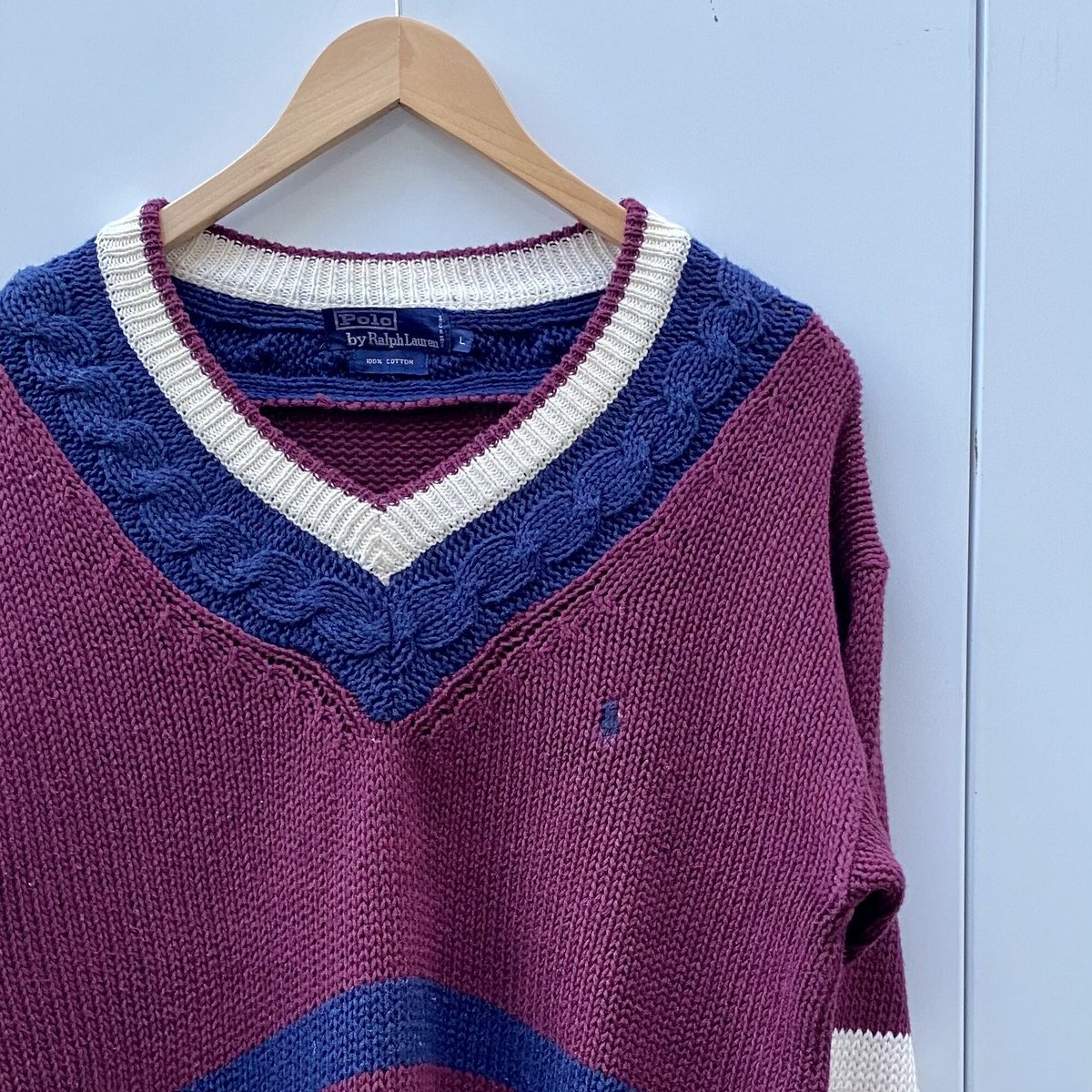 Polo Ralph Lauren Vネックセーター XS アイボリー ケーブルニット コットン Vネック セーター | POLO RALPH